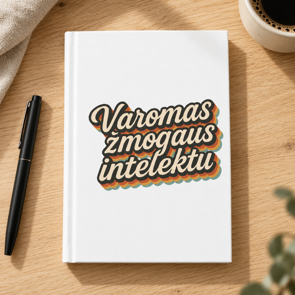 White matte hardcover journal with retro Varomas žmogaus intelektu Lithuanian lettering, on an oak desk beside a black pen and coffee.