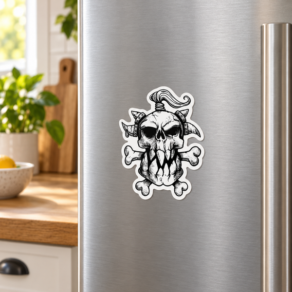 Black-and-white Viking Skull die-cut magnet on a stainless steel fridge door in a sunlit kitchen.