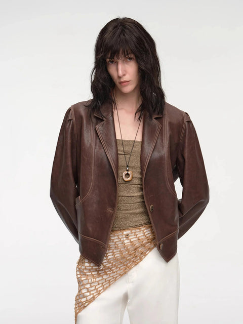 "Vintage Old Stories" New Zealand imported waxed sheepskin distressed short leather jacket
