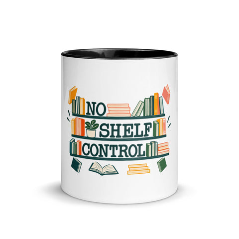 11 oz white No Shelf Control ceramic mug with black interior, rim and handle, front view; book illustration and green lettering printed once on the front.
