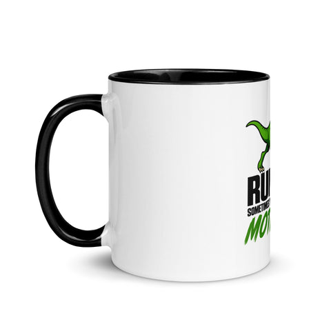 Left-side view of the 11 oz Dinosaur Motivation ceramic mug with black interior and handle on a plain studio background, showing its single front design.