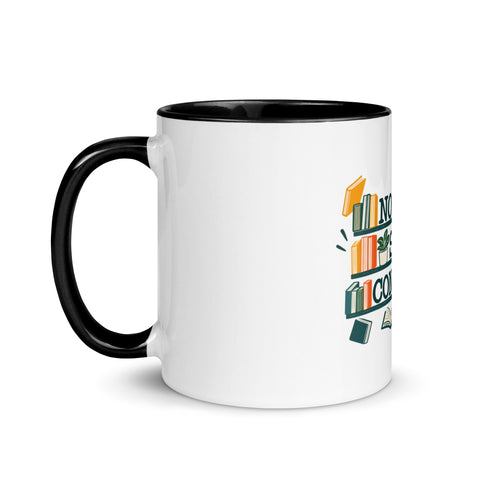 11 oz white No Shelf Control ceramic mug with black interior, rim and handle, left view; book illustration and green lettering printed once on the front.