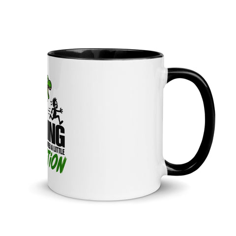 Right-side view of the 11 oz Dinosaur Motivation ceramic mug with black interior and handle on a plain studio background, showing its single front design.