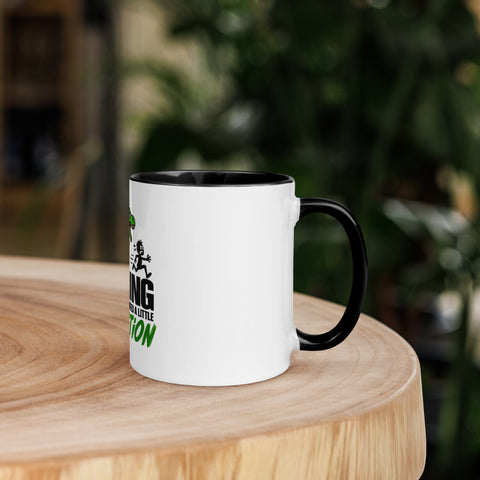 Right-side view of the 11 oz Dinosaur Motivation ceramic mug with black interior and handle on a round wooden table with softly blurred greenery, showing its single front design.