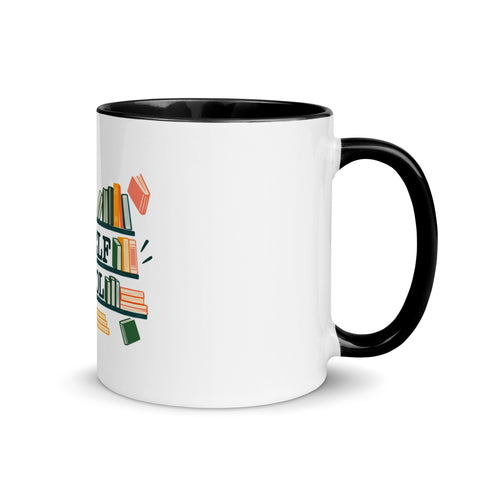 11 oz white No Shelf Control ceramic mug with black interior, rim and handle, right view; book illustration and green lettering printed once on the front.