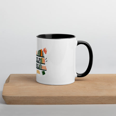 11 oz white No Shelf Control ceramic mug with black interior, rim and handle, right view on a wooden board; book illustration and green lettering printed once on the front.