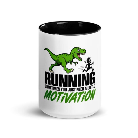 Front view of the 15 oz Dinosaur Motivation ceramic mug with black interior and handle on a plain studio background, showing its single front design.
