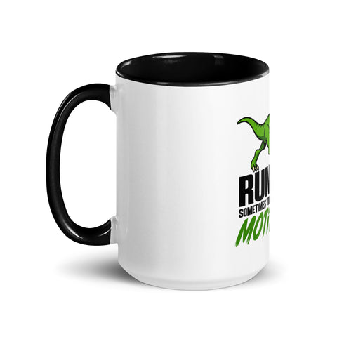 Left-side view of the 15 oz Dinosaur Motivation ceramic mug with black interior and handle on a plain studio background, showing its single front design.