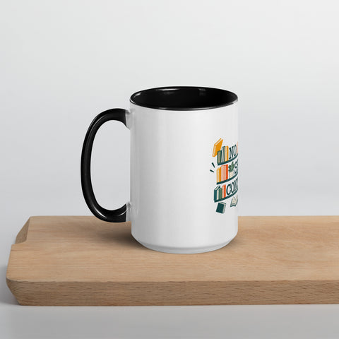 15 oz white No Shelf Control ceramic mug with black interior, rim and handle, left view on a wooden board; book illustration and green lettering printed once on the front.