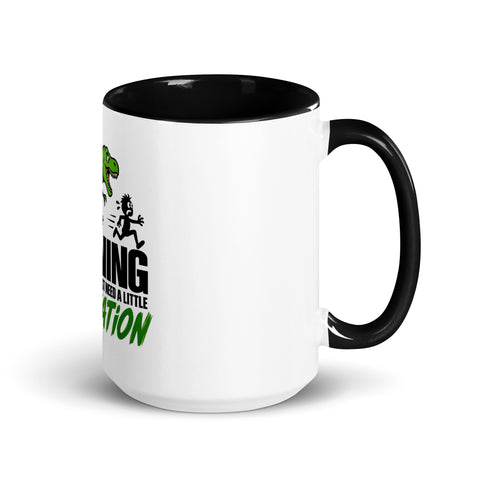 Right-side view of the 15 oz Dinosaur Motivation ceramic mug with black interior and handle on a plain studio background, showing its single front design.