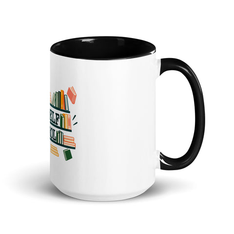 15 oz white No Shelf Control ceramic mug with black interior, rim and handle, right view; book illustration and green lettering printed once on the front.