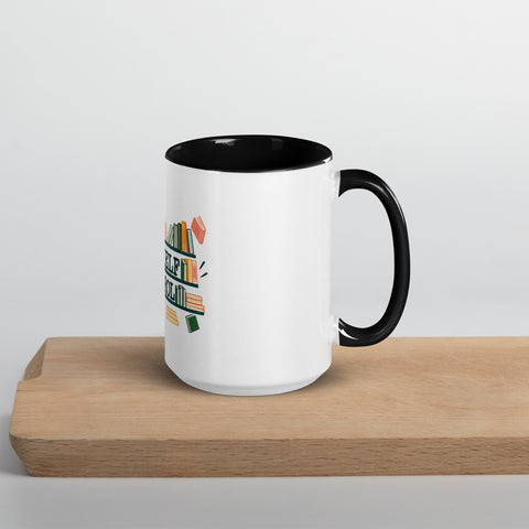 15 oz white No Shelf Control ceramic mug with black interior, rim and handle, right view on a wooden board; book illustration and green lettering printed once on the front.