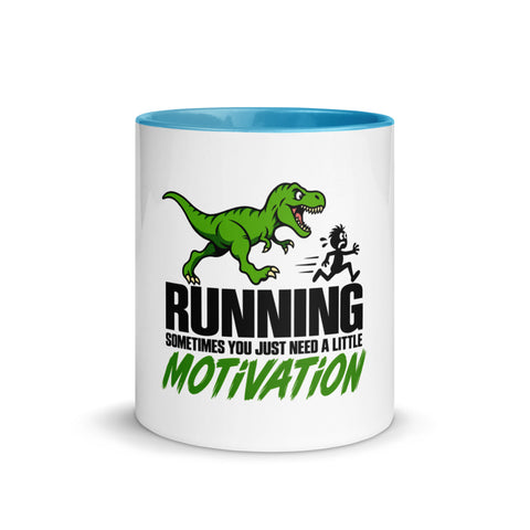 Front view of the 11 oz Dinosaur Motivation ceramic mug with blue interior and handle on a plain studio background, showing its single front design.