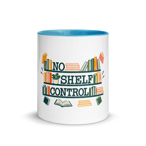 11 oz white No Shelf Control ceramic mug with blue interior, rim and handle, front view; book illustration and green lettering printed once on the front.