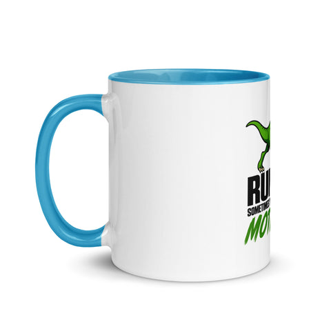 Left-side view of the 11 oz Dinosaur Motivation ceramic mug with blue interior and handle on a plain studio background, showing its single front design.