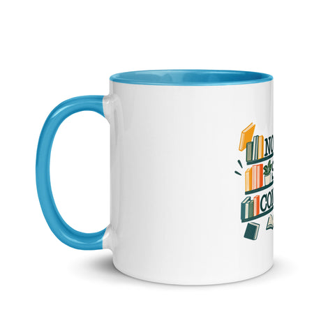 11 oz white No Shelf Control ceramic mug with blue interior, rim and handle, left view; book illustration and green lettering printed once on the front.