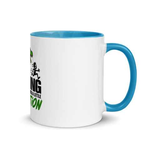 Right-side view of the 11 oz Dinosaur Motivation ceramic mug with blue interior and handle on a plain studio background, showing its single front design.