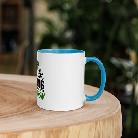Right-side view of the 11 oz Dinosaur Motivation ceramic mug with blue interior and handle on a round wooden table with softly blurred greenery, showing its single front design.