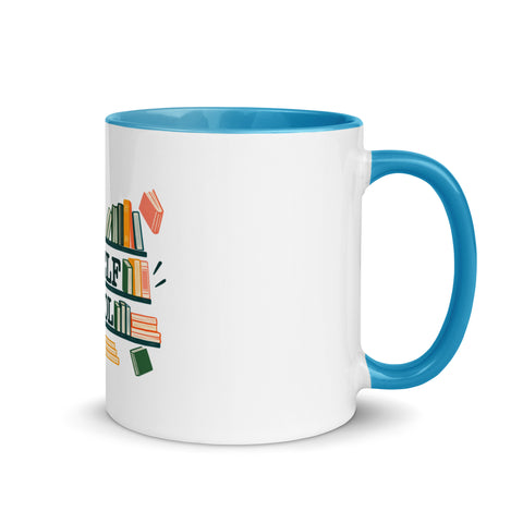 11 oz white No Shelf Control ceramic mug with blue interior, rim and handle, right view; book illustration and green lettering printed once on the front.