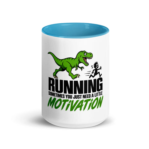 Front view of the 15 oz Dinosaur Motivation ceramic mug with blue interior and handle on a plain studio background, showing its single front design.