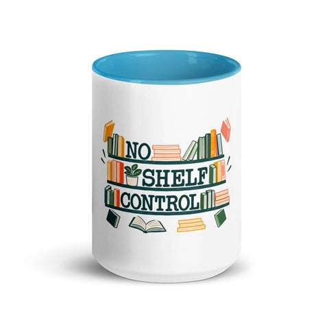 15 oz white No Shelf Control ceramic mug with blue interior, rim and handle, front view; book illustration and green lettering printed once on the front.