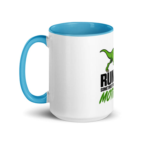 Left-side view of the 15 oz Dinosaur Motivation ceramic mug with blue interior and handle on a plain studio background, showing its single front design.