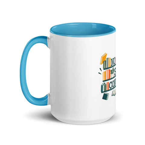 15 oz white No Shelf Control ceramic mug with blue interior, rim and handle, left view; book illustration and green lettering printed once on the front.