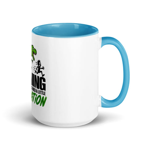Right-side view of the 15 oz Dinosaur Motivation ceramic mug with blue interior and handle on a plain studio background, showing its single front design.