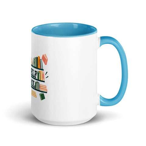 15 oz white No Shelf Control ceramic mug with blue interior, rim and handle, right view; book illustration and green lettering printed once on the front.
