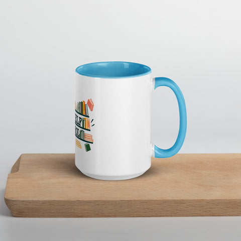 15 oz white No Shelf Control ceramic mug with blue interior, rim and handle, right view on a wooden board; book illustration and green lettering printed once on the front.