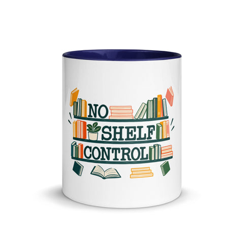 11 oz white No Shelf Control ceramic mug with dark blue interior, rim and handle, front view; book illustration and green lettering printed once on the front.