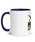 Left-side view of the 11 oz Dinosaur Motivation ceramic mug with dark blue interior and handle on a plain studio background, showing its single front design.