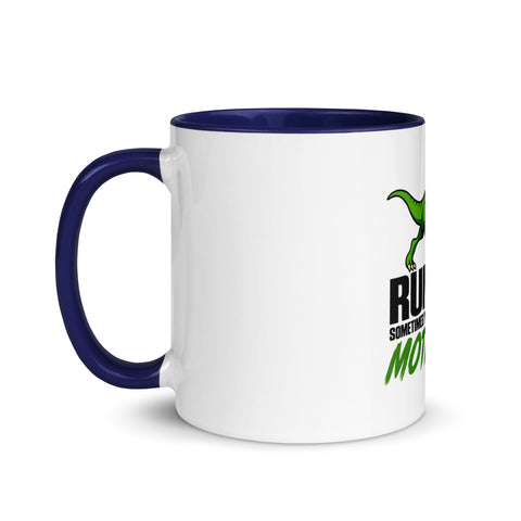 Left-side view of the 11 oz Dinosaur Motivation ceramic mug with dark blue interior and handle on a plain studio background, showing its single front design.