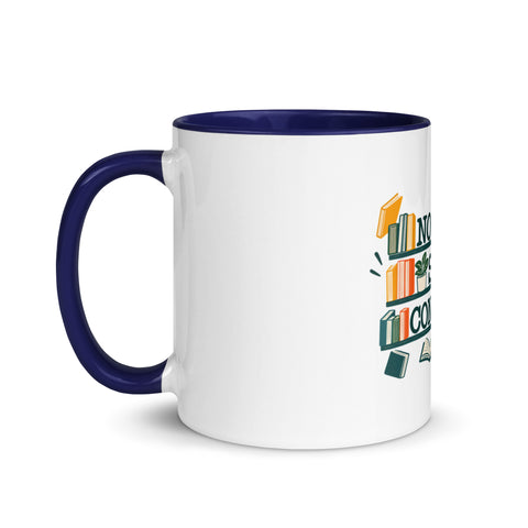 11 oz white No Shelf Control ceramic mug with dark blue interior, rim and handle, left view; book illustration and green lettering printed once on the front.