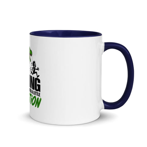 Right-side view of the 11 oz Dinosaur Motivation ceramic mug with dark blue interior and handle on a plain studio background, showing its single front design.
