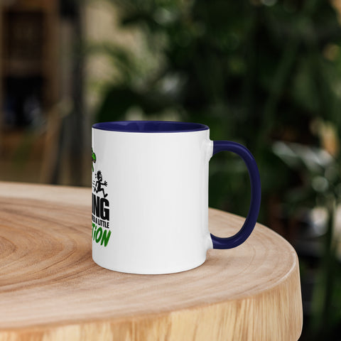 Right-side view of the 11 oz Dinosaur Motivation ceramic mug with dark blue interior and handle on a round wooden table with softly blurred greenery, showing its single front design.
