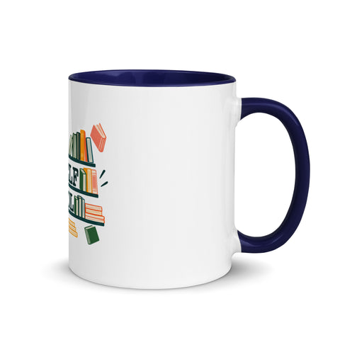 11 oz white No Shelf Control ceramic mug with dark blue interior, rim and handle, right view; book illustration and green lettering printed once on the front.