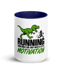 Front view of the 15 oz Dinosaur Motivation ceramic mug with dark blue interior and handle on a plain studio background, showing its single front design.