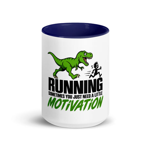 Front view of the 15 oz Dinosaur Motivation ceramic mug with dark blue interior and handle on a plain studio background, showing its single front design.