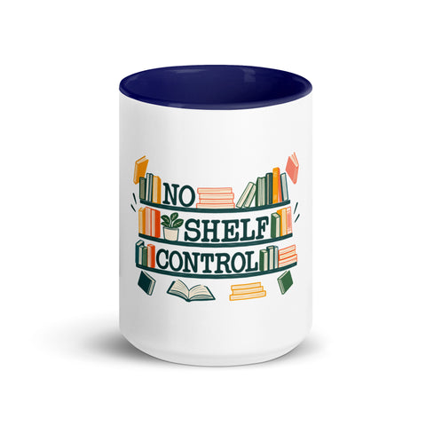 15 oz white No Shelf Control ceramic mug with dark blue interior, rim and handle, front view; book illustration and green lettering printed once on the front.