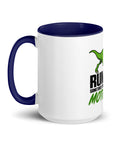 Left-side view of the 15 oz Dinosaur Motivation ceramic mug with dark blue interior and handle on a plain studio background, showing its single front design.