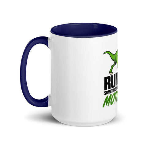 Left-side view of the 15 oz Dinosaur Motivation ceramic mug with dark blue interior and handle on a plain studio background, showing its single front design.