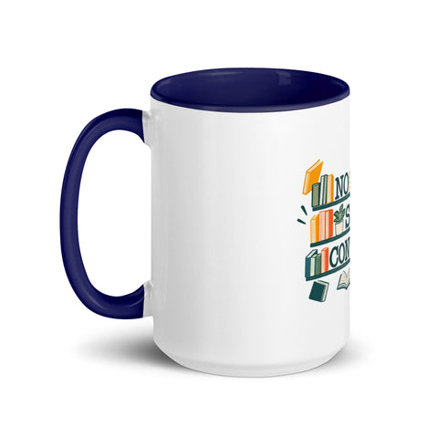 15 oz white No Shelf Control ceramic mug with dark blue interior, rim and handle, left view; book illustration and green lettering printed once on the front.