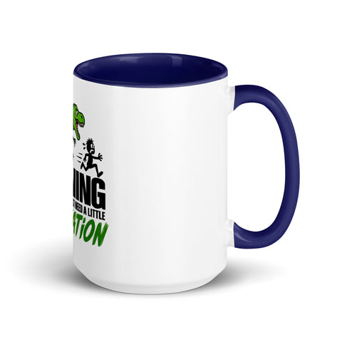 Right-side view of the 15 oz Dinosaur Motivation ceramic mug with dark blue interior and handle on a plain studio background, showing its single front design.