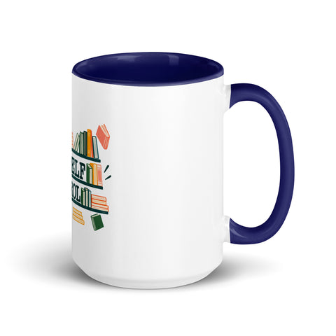 15 oz white No Shelf Control ceramic mug with dark blue interior, rim and handle, right view; book illustration and green lettering printed once on the front.