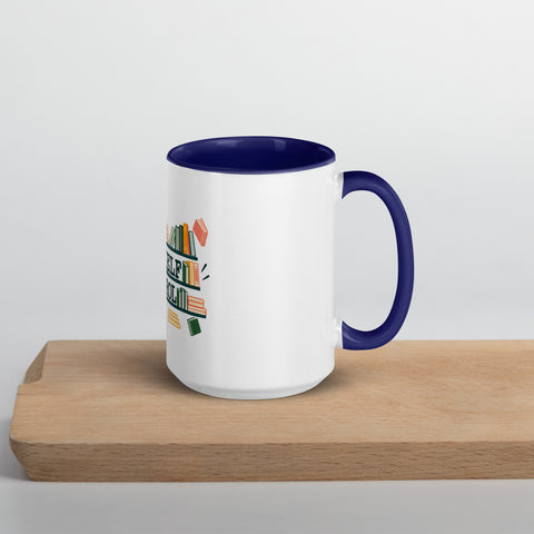 15 oz white No Shelf Control ceramic mug with dark blue interior, rim and handle, right view on a wooden board; book illustration and green lettering printed once on the front.