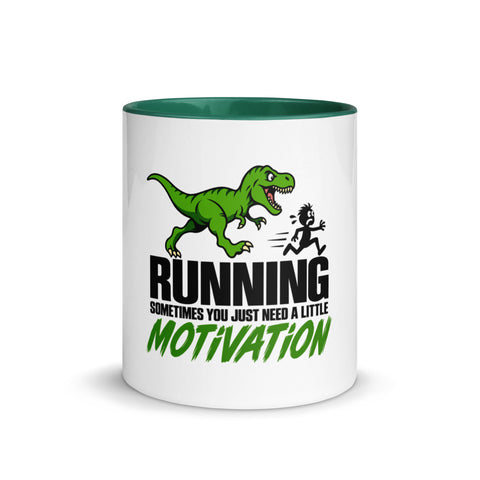 Front view of the 11 oz Dinosaur Motivation ceramic mug with dark green interior and handle on a plain studio background, showing its single front design.