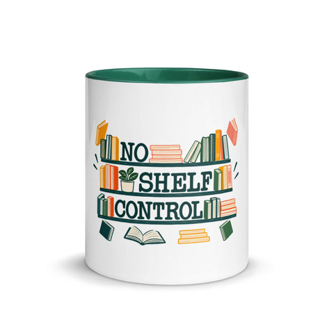 11 oz white No Shelf Control ceramic mug with dark green interior, rim and handle, front view; book illustration and green lettering printed once on the front.