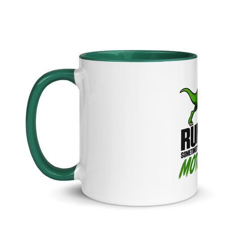 Left-side view of the 11 oz Dinosaur Motivation ceramic mug with dark green interior and handle on a plain studio background, showing its single front design.