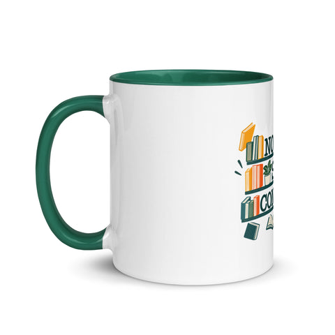 11 oz white No Shelf Control ceramic mug with dark green interior, rim and handle, left view; book illustration and green lettering printed once on the front.